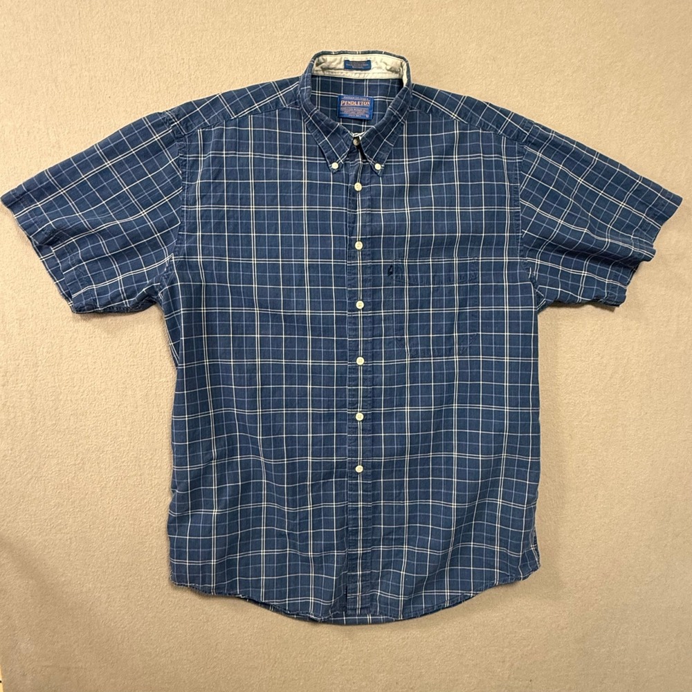 Pendleton Woolen Mills Blue Plaid 100% Cotton Short Sleeve Shirt Men Large